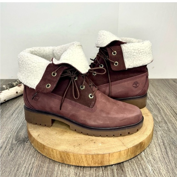 *Timberland | Waterproof Foldover Teddy Fleece Red Leather Suede Bootie Size 9.5 - Picture 3 of 16